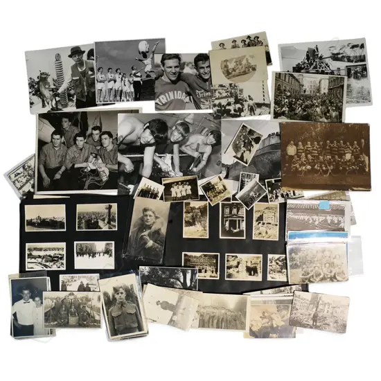 COLLECTION WAR PHOTOGRAPHS: album of small photos 'Near Casino' etc + press photos + postcards etc. 'Military Camp Feath